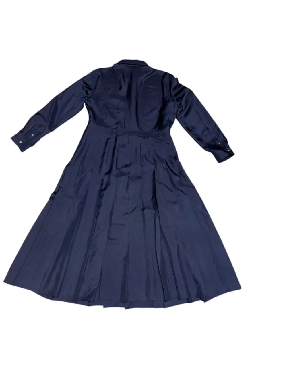 TORY BURCH SILK Navy Blue 100% Silk Pleated Midi Shirtdress long sleeve
